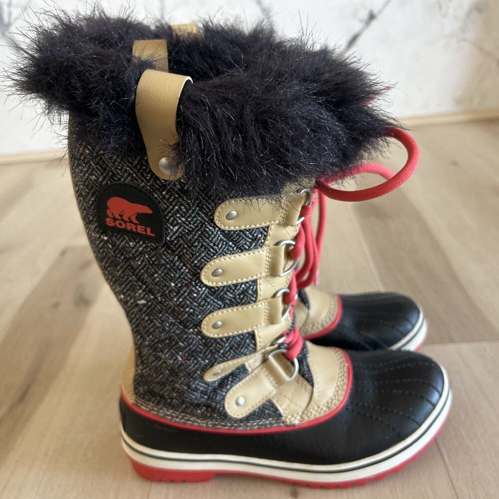 Sorel Torfino Herringbone Winter Boots Waterproof Faux Fur Black Tan Red Sz 6